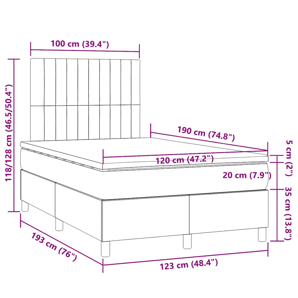 vidaXL Κρεβάτι Boxspring με Στρώμα & LED Αν.Γκρι 120x190εκ. Υφασμάτινο