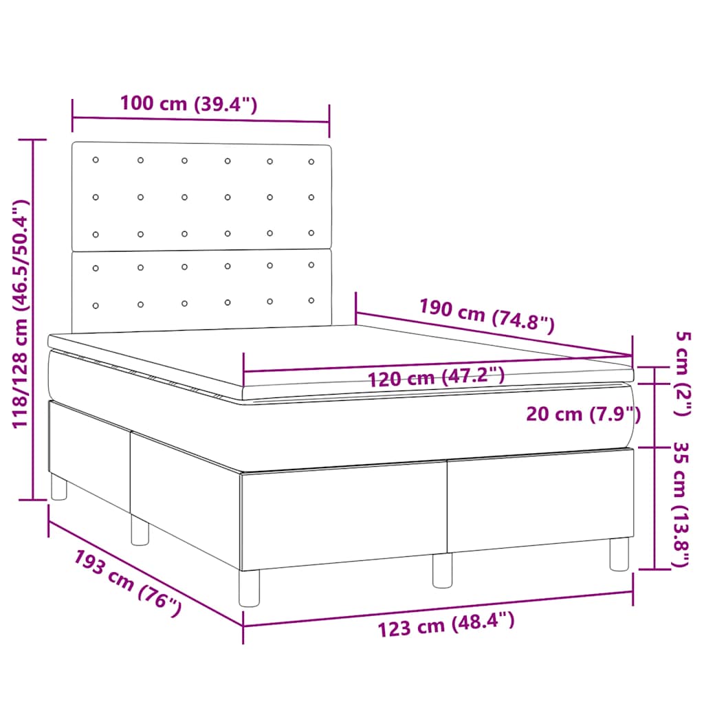vidaXL Κρεβάτι Boxspring με Στρώμα & LED Αν.Γκρι 120x190εκ. Υφασμάτινο