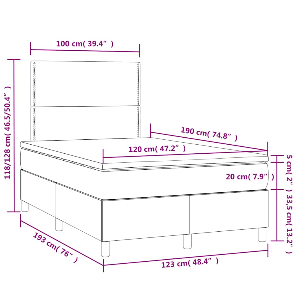 vidaXL Κρεβάτι Boxspring με Στρώμα & LED Μαύρο 120x190 εκ. Βελούδινο