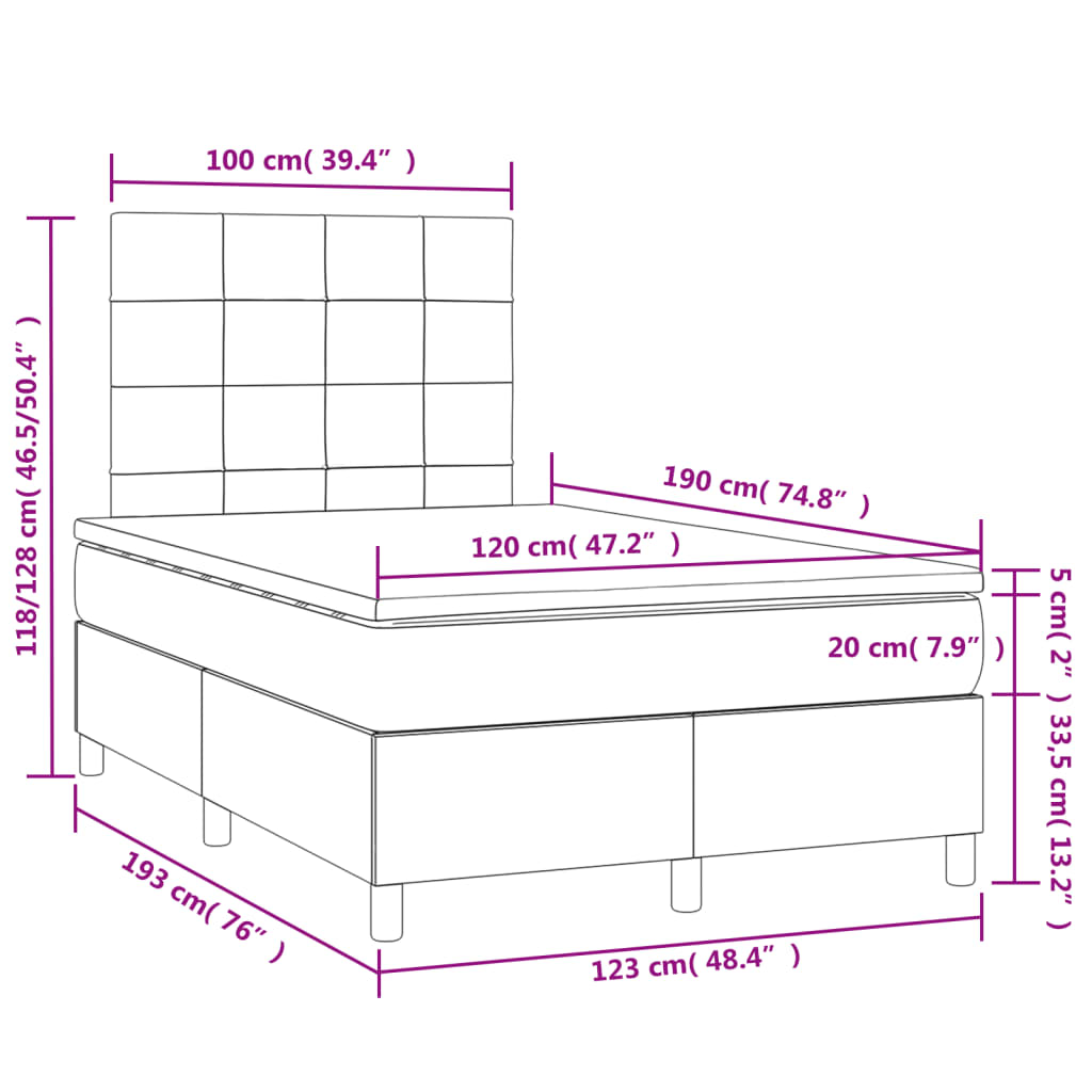 vidaXL Κρεβάτι Boxspring με Στρώμα & LED Σκ.Γκρι 120x190εκ. Βελούδινο