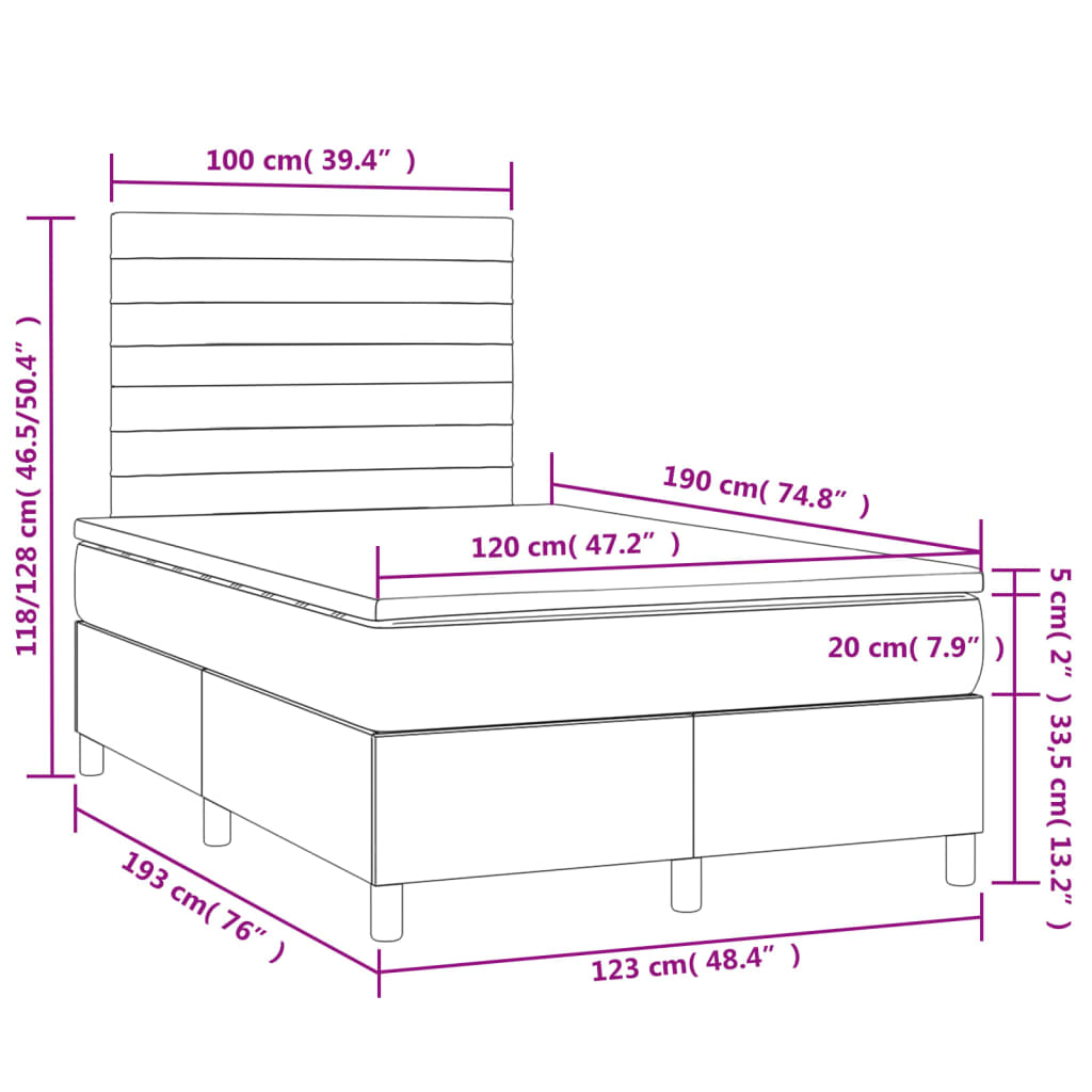 vidaXL Κρεβάτι Boxspring με Στρώμα & LED Ροζ 120x190 εκ. Βελούδινο