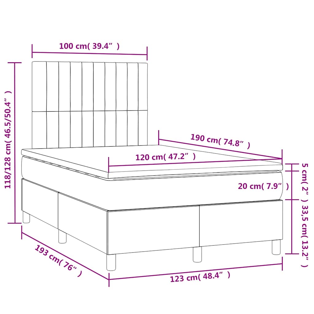 vidaXL Κρεβάτι Boxspring με Στρώμα & LED Αν.Γκρι 120x190εκ. Βελούδινο