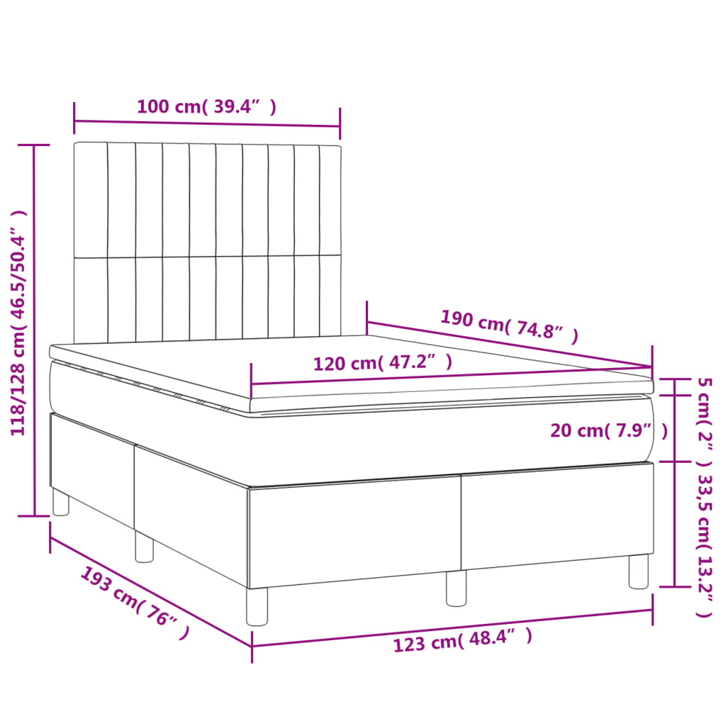 vidaXL Κρεβάτι Boxspring με Στρώμα & LED Μαύρο 120x190 εκ. Βελούδινο