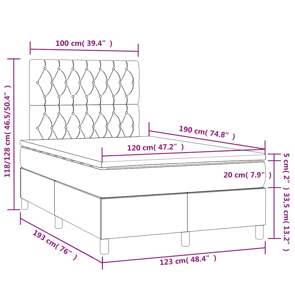 vidaXL Κρεβάτι Boxspring με Στρώμα & LED Ροζ 120x190 εκ. Βελούδινο