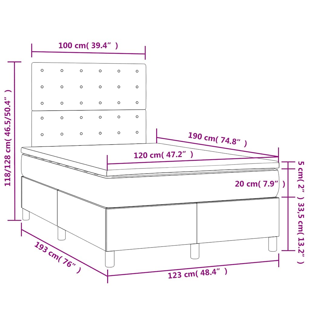 vidaXL Κρεβάτι Boxspring με Στρώμα & LED Μαύρο 120x190 εκ. Βελούδινο