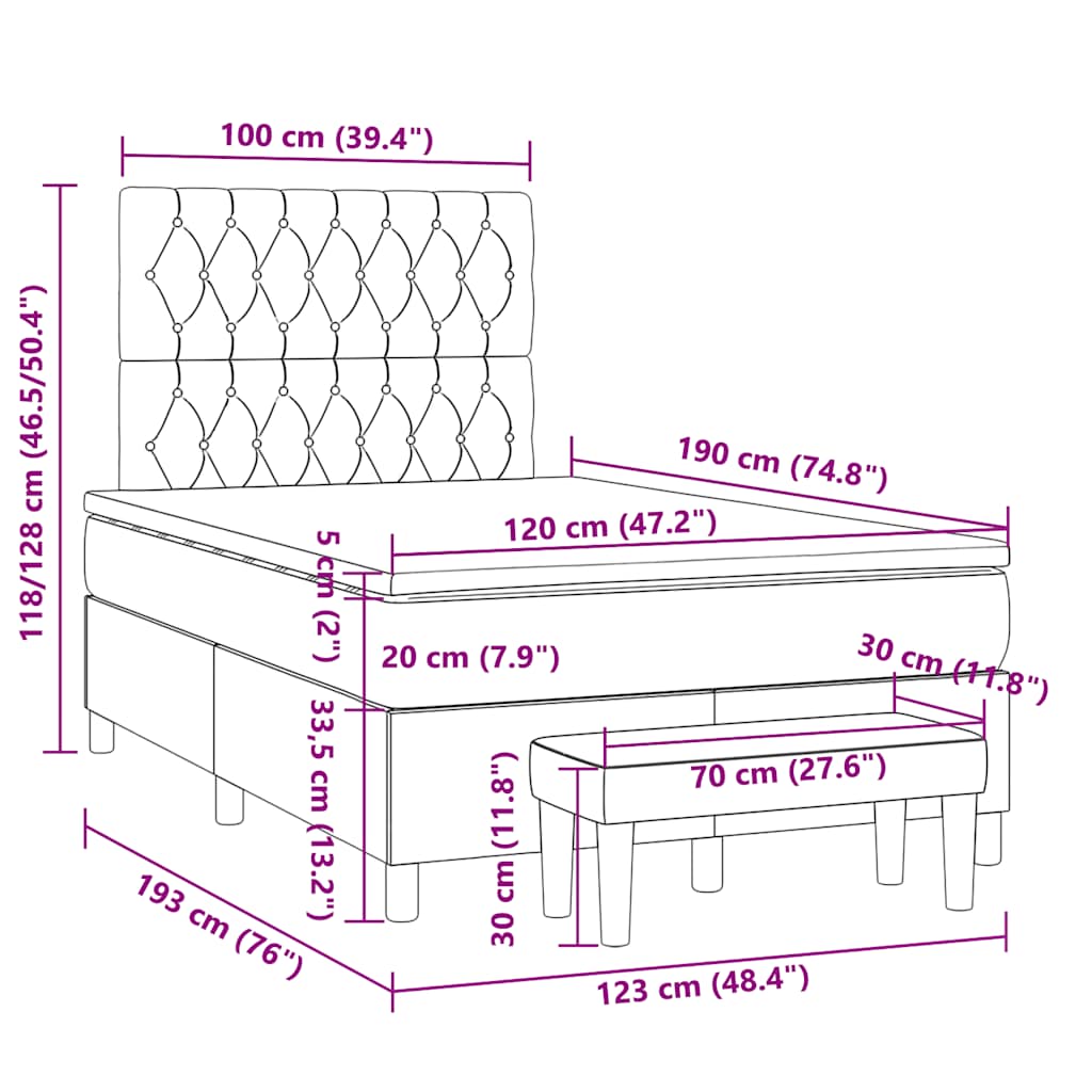 vidaXL Κρεβάτι Boxspring με Στρώμα Μαύρο 120x190 εκ. Υφασμάτινο