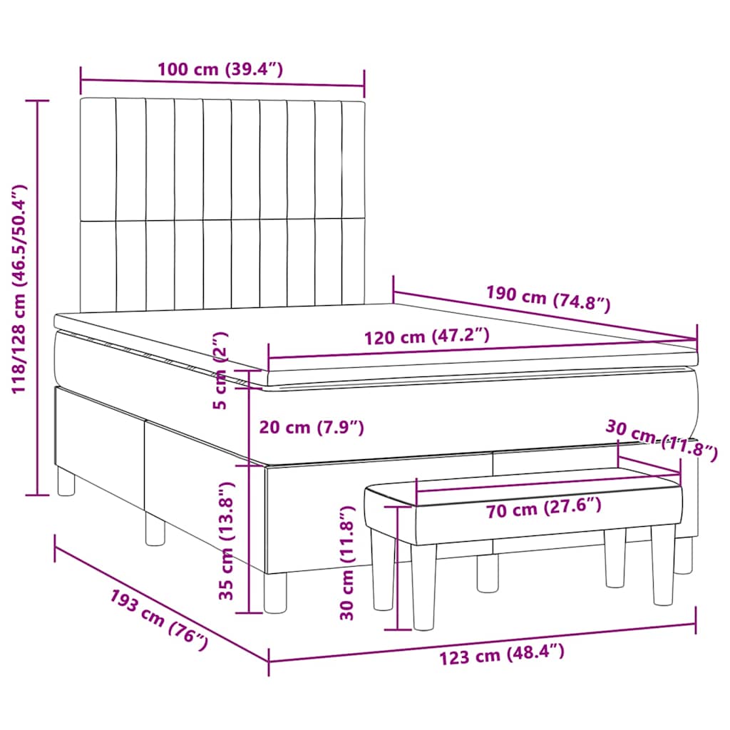 vidaXL Κρεβάτι Boxspring με Στρώμα Κρεμ 120x190 εκ. Υφασμάτινο