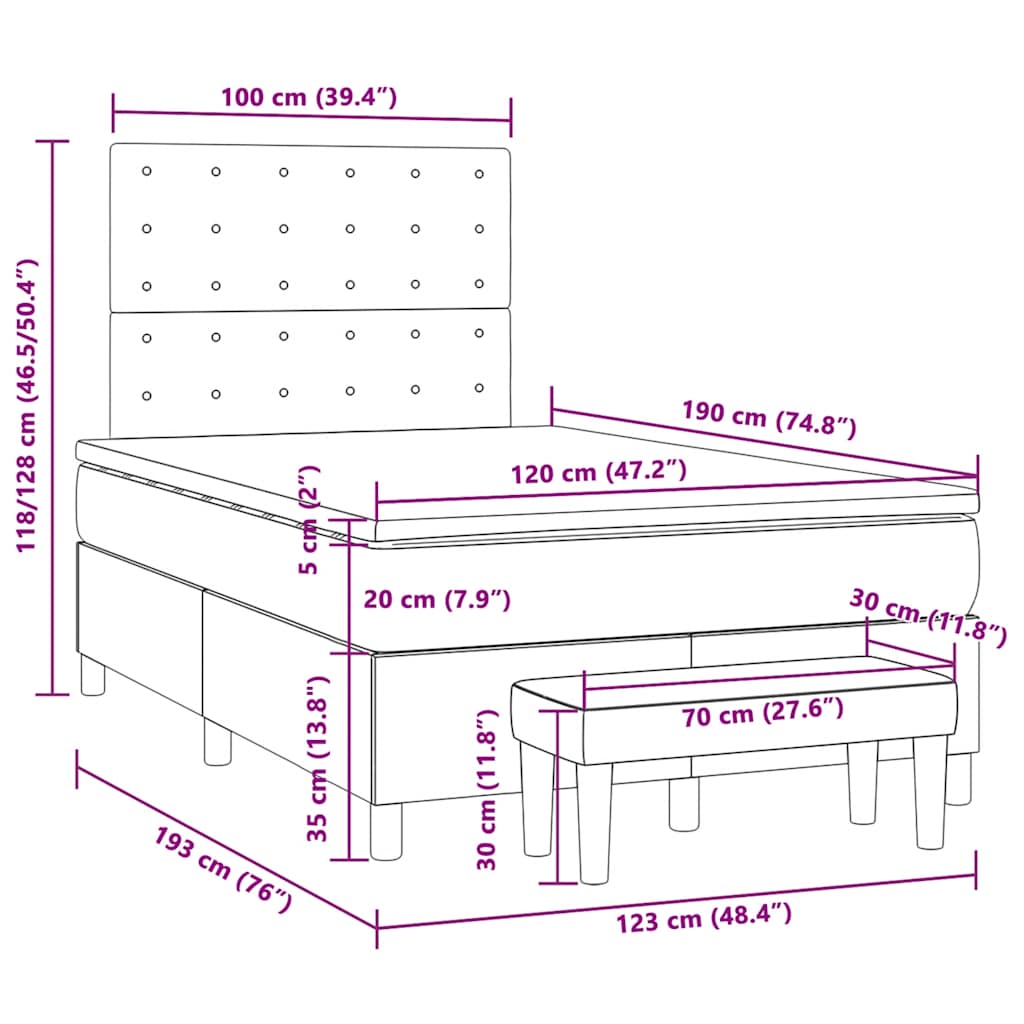 vidaXL Κρεβάτι Boxspring με Στρώμα Ανοιχτό Γκρι 120x190 εκ. Υφασμάτινο