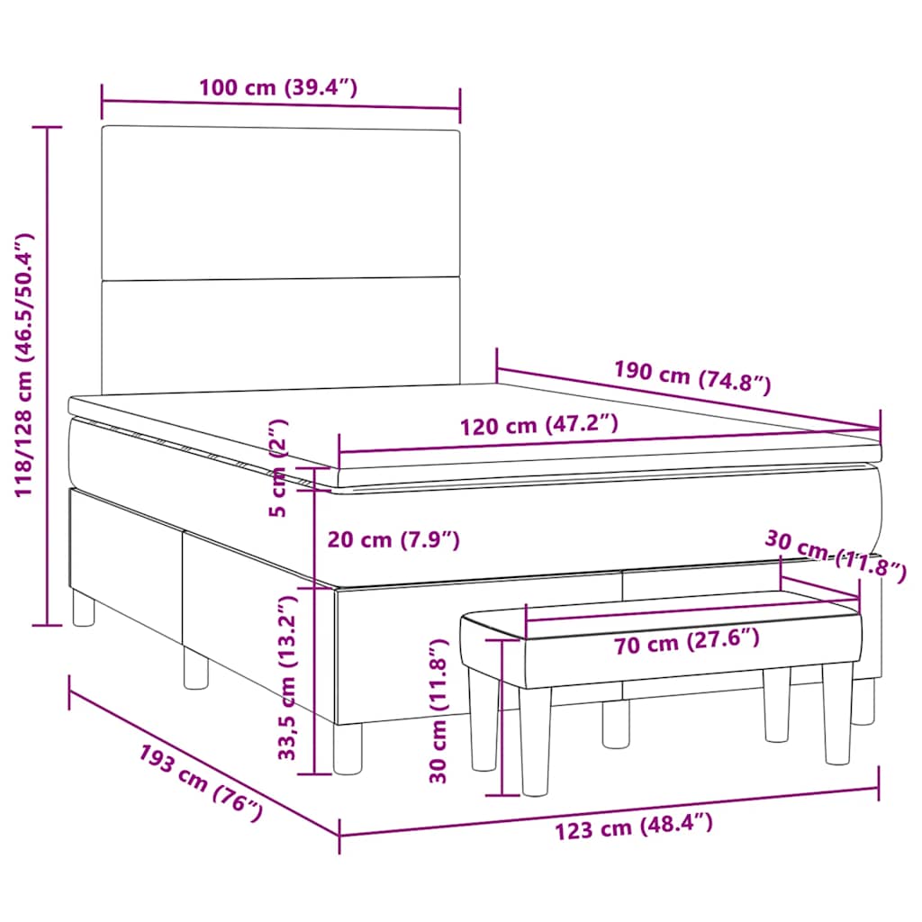 vidaXL Κρεβάτι Boxspring με Στρώμα Μαύρο 120x190 εκ. Βελούδινο