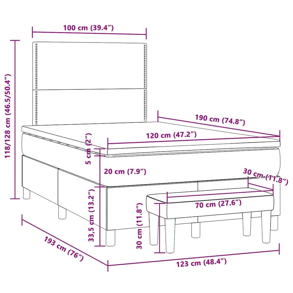 vidaXL Κρεβάτι Boxspring με Στρώμα Σκούρο Γκρι 120x190 εκ. Βελούδινο