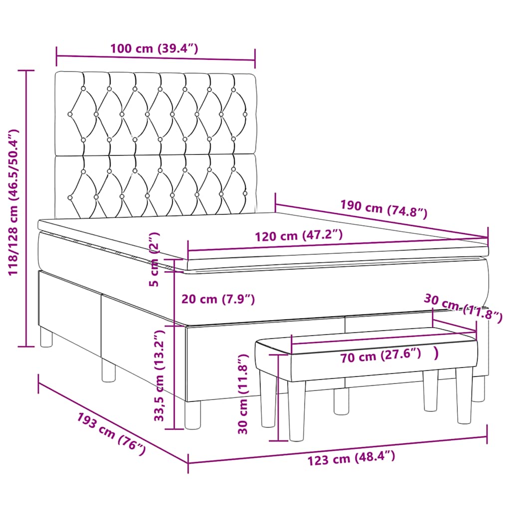 vidaXL Κρεβάτι Boxspring με Στρώμα Ανοιχτό Γκρι 120x190 εκ. Βελούδινο
