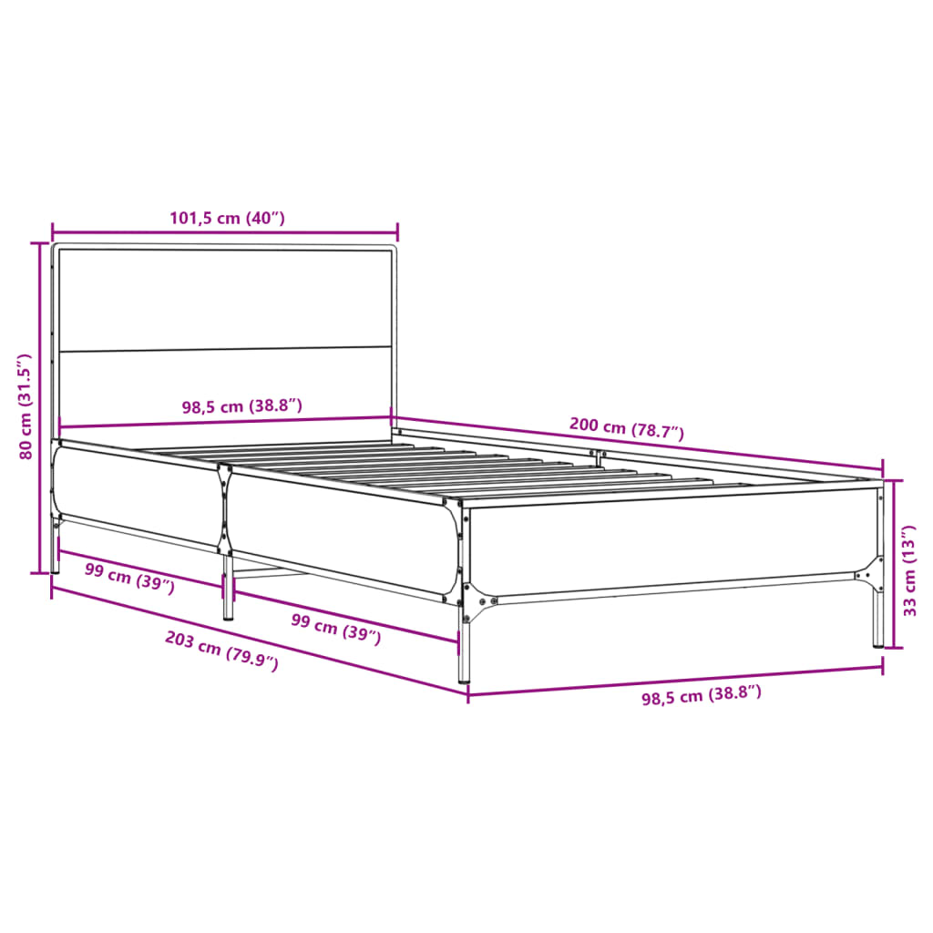 vidaXL Πλαίσιο Κρεβατιού Sonoma Δρυς 100x200 εκ. Επεξ. Ξύλο & Μέταλλο