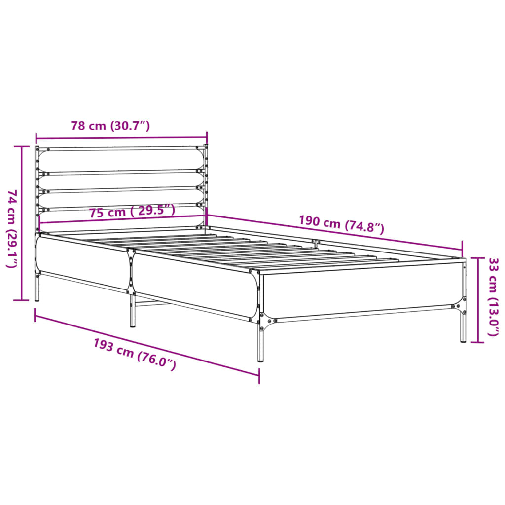 vidaXL Πλαίσιο Κρεβατιού Sonoma Δρυς 75 x 190 εκ. Επεξ. Ξύλο & Μέταλλο