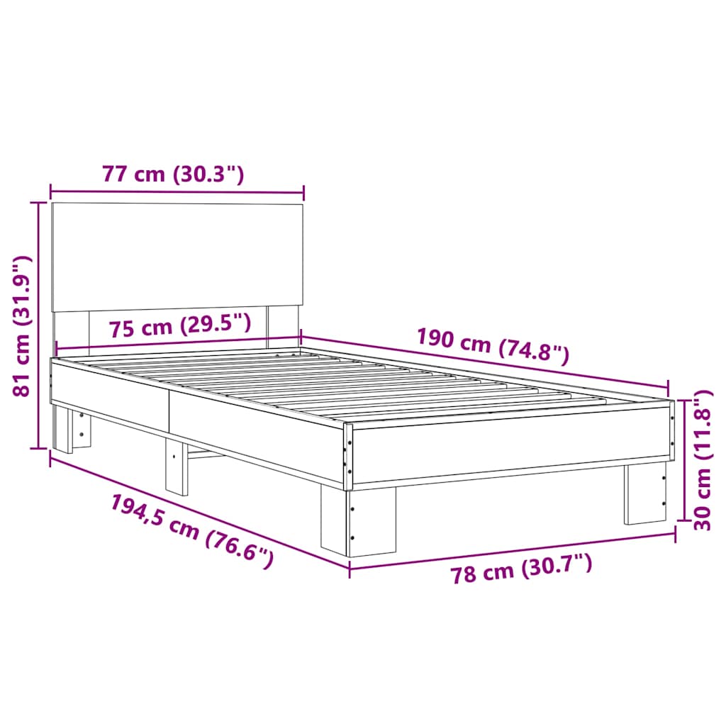 vidaXL Πλαίσιο Κρεβατιού Γκρι Sonoma 75x190 εκ. Επεξ. Ξύλο & Μέταλλο