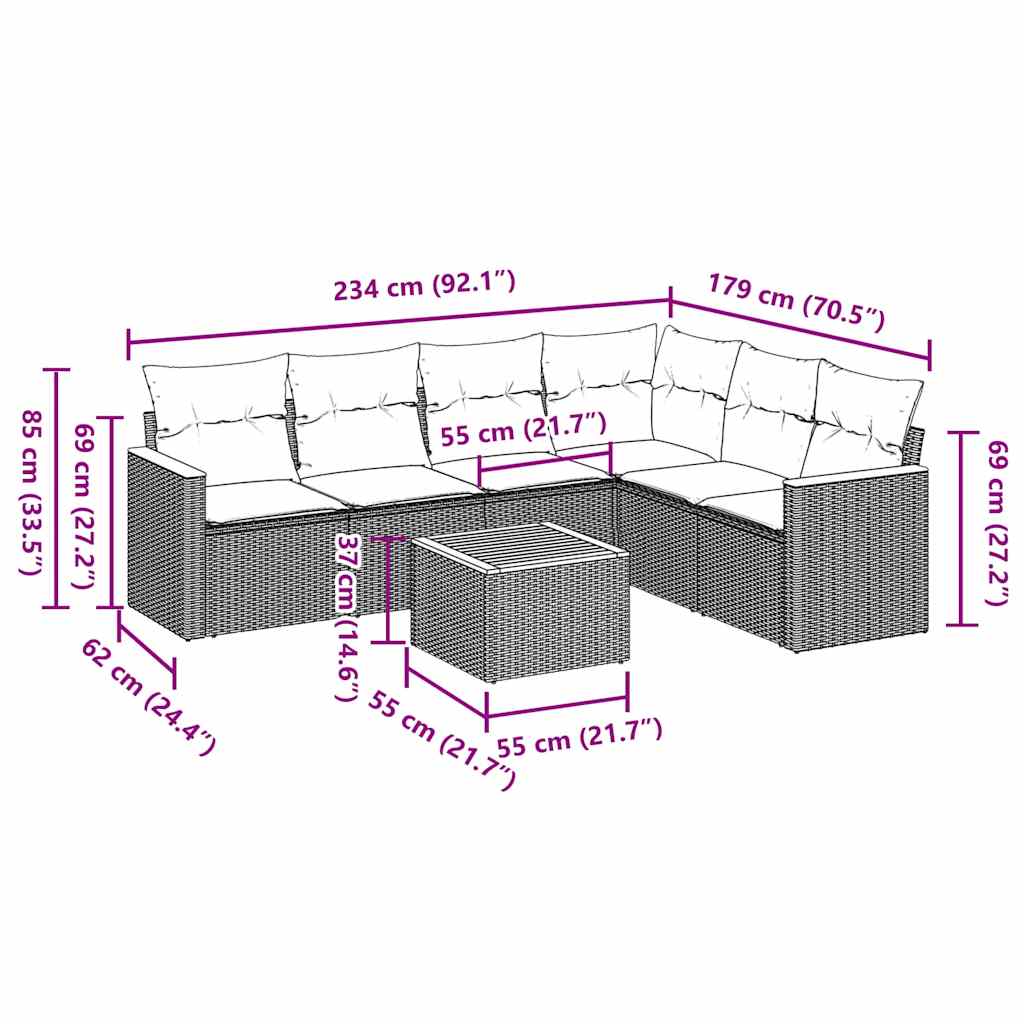 vidaXL Καναπές Σετ 7 Τεμαχίων Μαύρο Συνθετικό Ρατάν με Μαξιλάρια