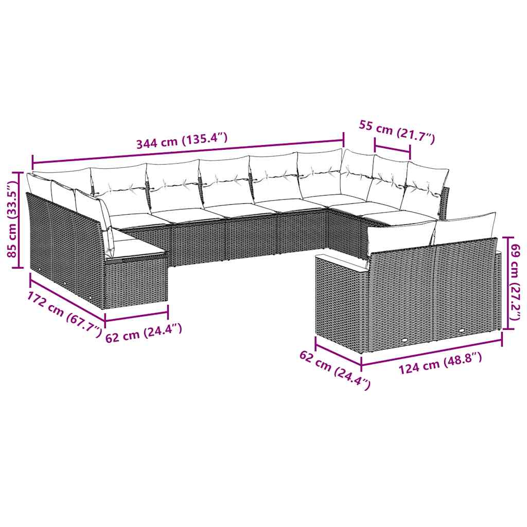 vidaXL Σαλόνι Κήπου 12 Τεμαχίων Μαύρο Συνθετικό Ρατάν με Μαξιλάρια
