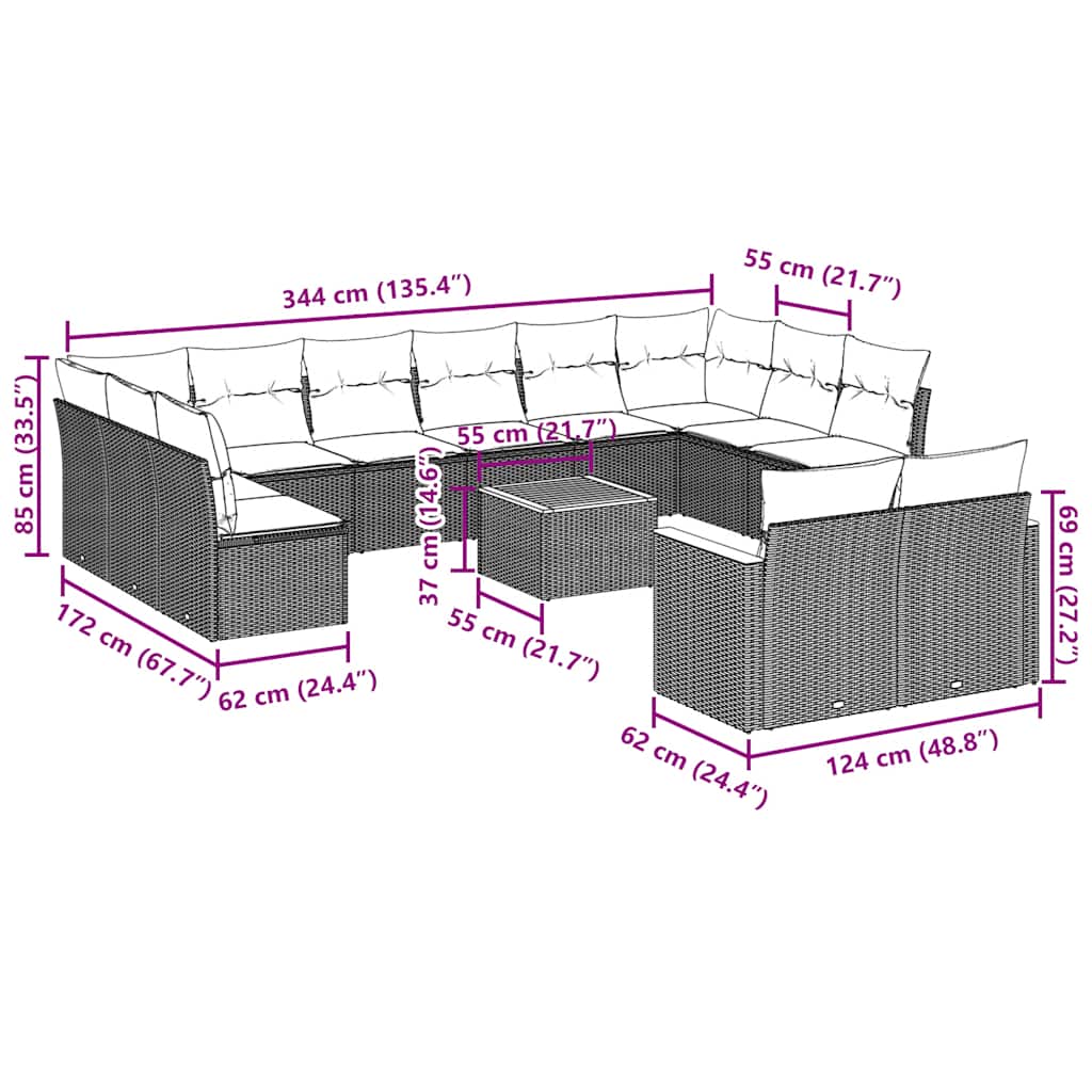 vidaXL Σαλόνι Κήπου 13 τεμ. Μαύρο από Συνθ. Ρατάν με Μαξιλάρια