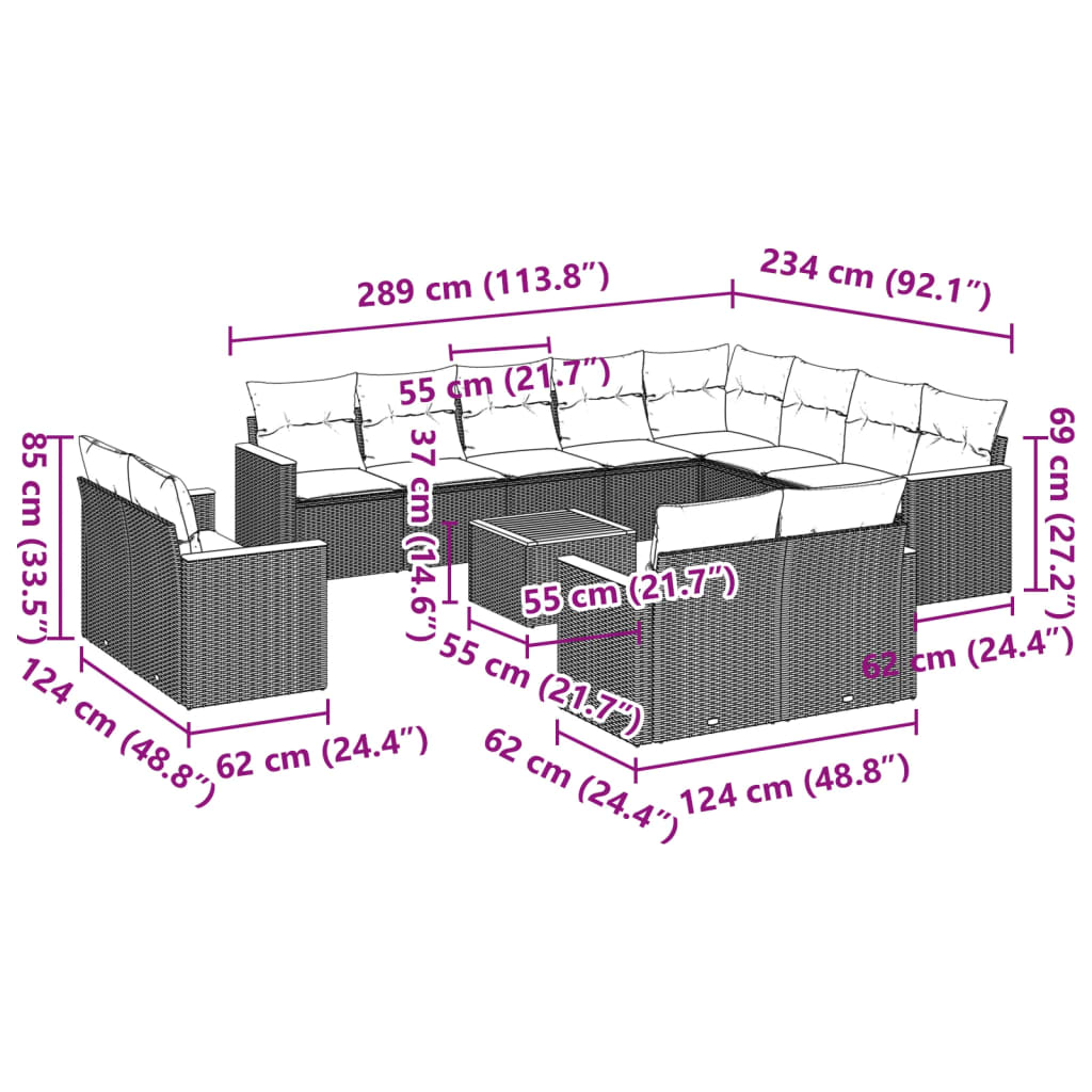 vidaXL Σαλόνι Κήπου 13 τεμ. Μαύρο από Συνθ. Ρατάν με Μαξιλάρια