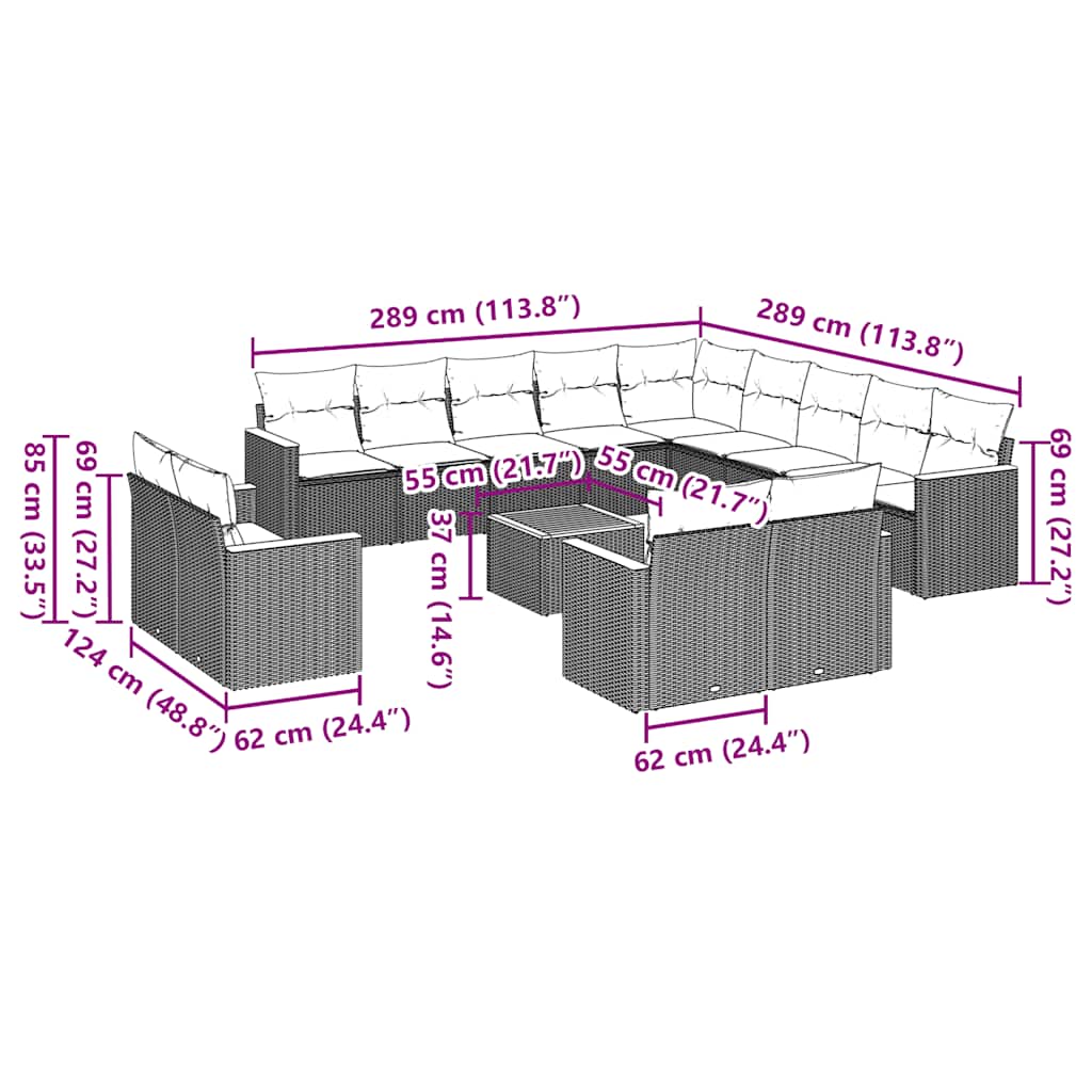vidaXL Σαλόνι Κήπου Σετ 14 Τεμαχίων με Μαξιλάρια Μαύρο Συνθετικό Ρατάν