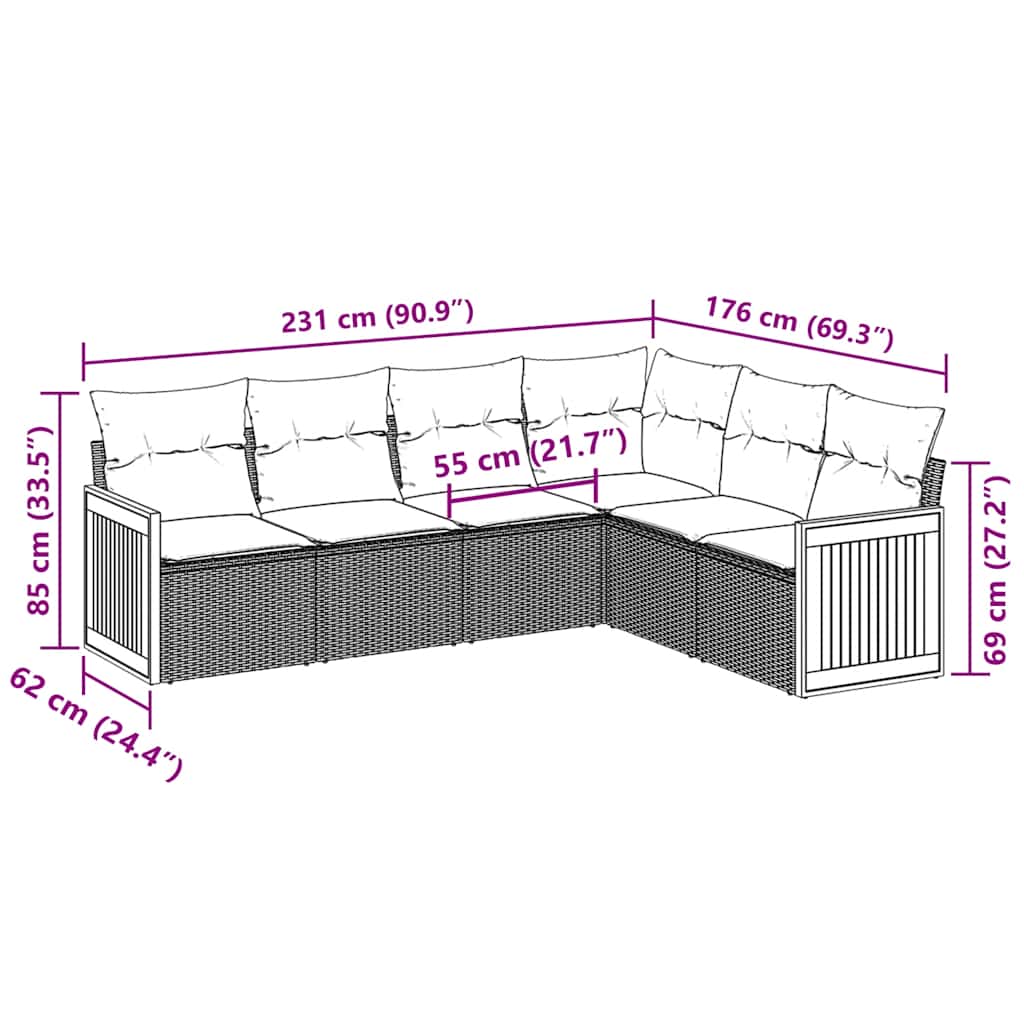 vidaXL Καναπές Κήπου 6 Τεμαχίων Μαύρο από Συνθετικό Ρατάν με Μαξιλάρια