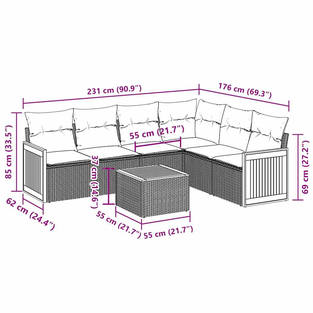 vidaXL Καναπές Σετ 7 Τεμαχίων Μαύρο Συνθετικό Ρατάν με Μαξιλάρια