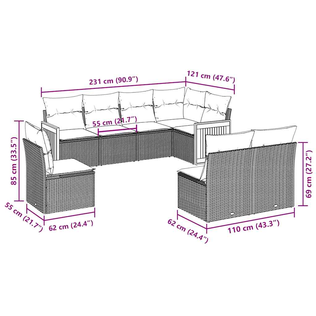 vidaXL Σαλόνι Κήπου 8 Τεμαχίων Μαύρο από Συνθετικό Ρατάν με Μαξιλάρια