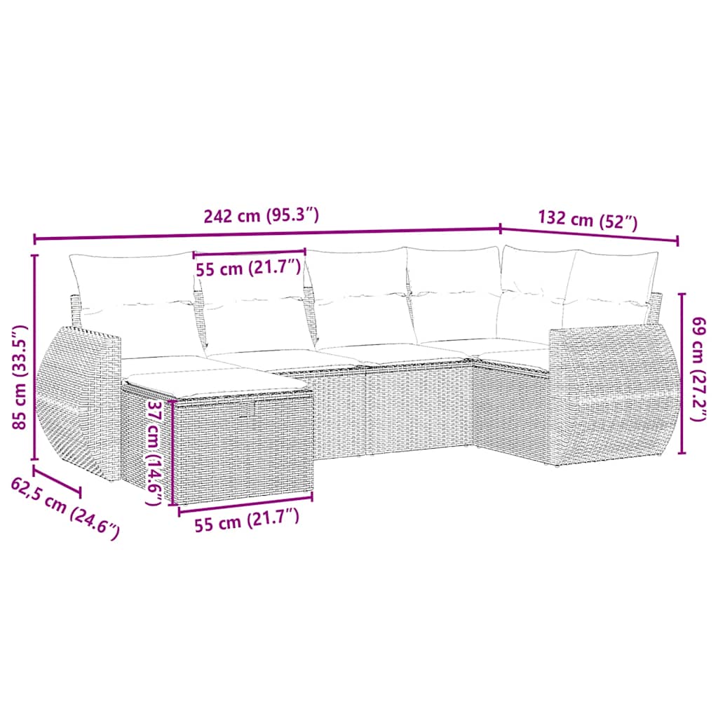 vidaXL Σαλόνι Κήπου Σετ 6 Τεμαχίων Γκρι Συνθετικό Ρατάν με Μαξιλάρια