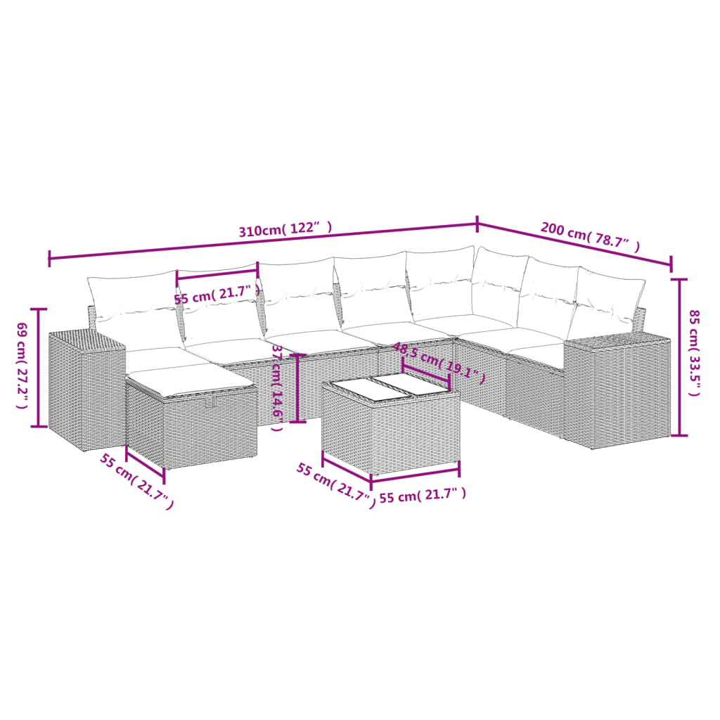 vidaXL Σαλόνι Κήπου Σετ 9 Τεμαχίων Μαύρο από Συνθ. Ρατάν με Μαξιλάρια