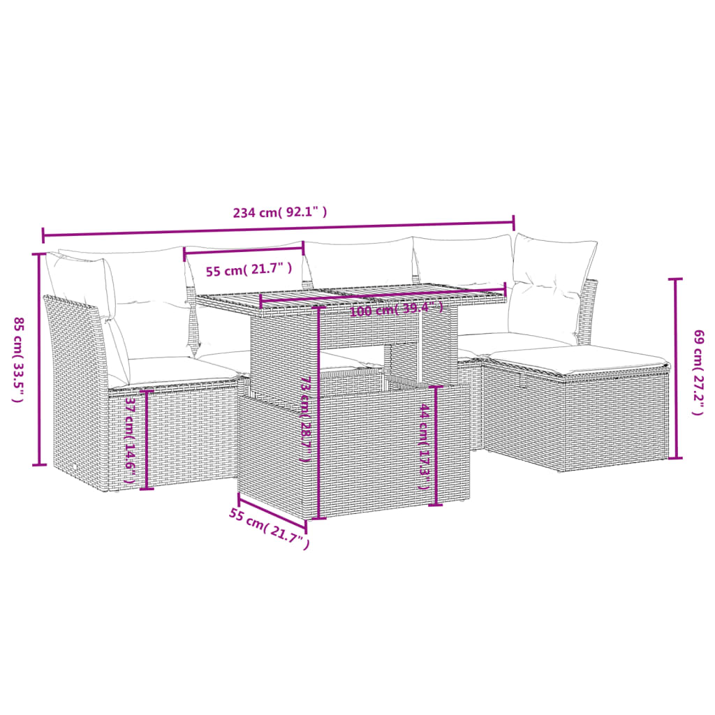 vidaXL Καναπές Κήπου 6 Τεμαχίων Μαύρο από Συνθετικό Ρατάν με Μαξιλάρια