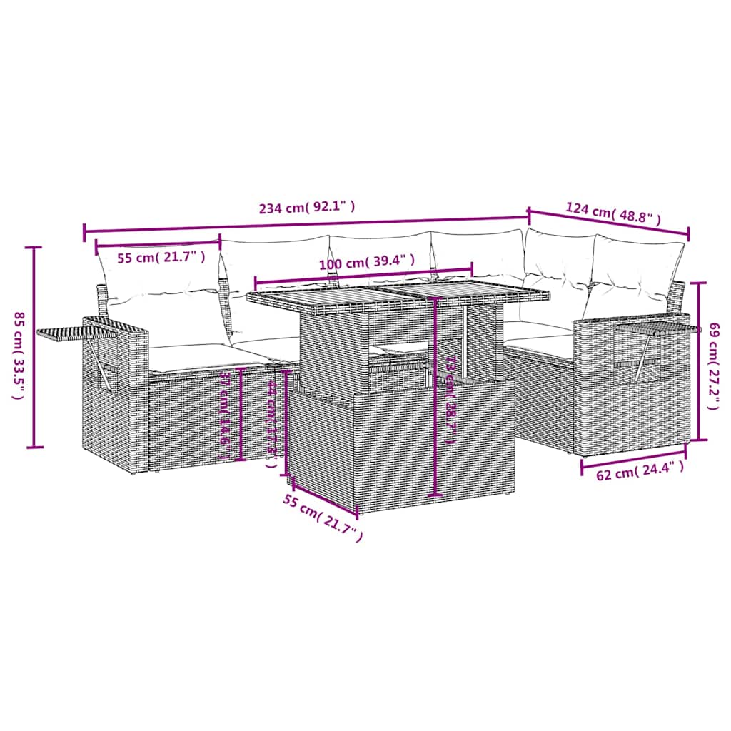 vidaXL Σαλόνι Κήπου 6 Τεμαχίων από Γκρι Συνθετικό Ρατάν με Μαξιλάρια
