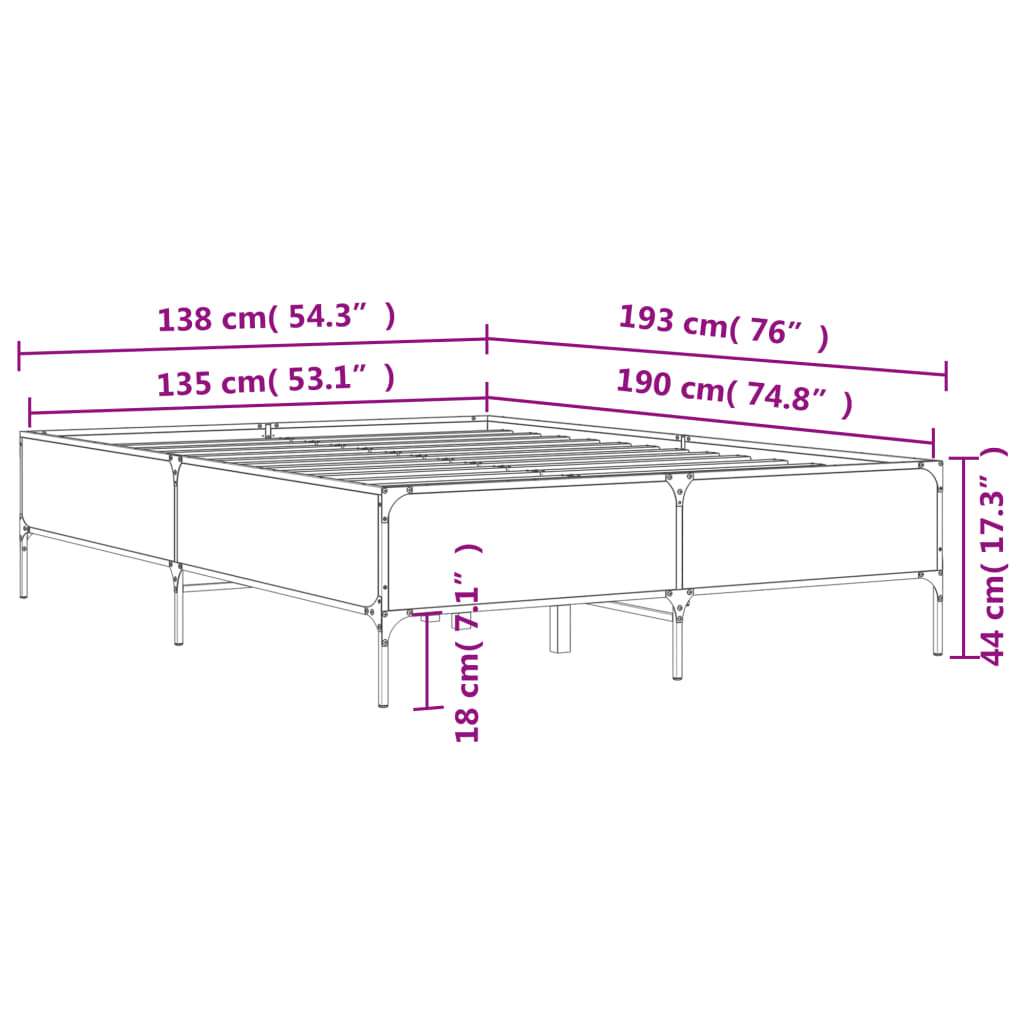vidaXL Πλαίσιο Κρεβατιού Μαύρο 135x190 εκ. Επεξ. Ξύλο & Μέταλλο
