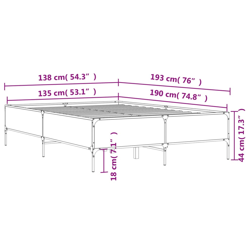 vidaXL Πλαίσιο Κρεβατιού Sonoma Δρυς 135x190 εκ. Επεξ. Ξύλο & Μέταλλο