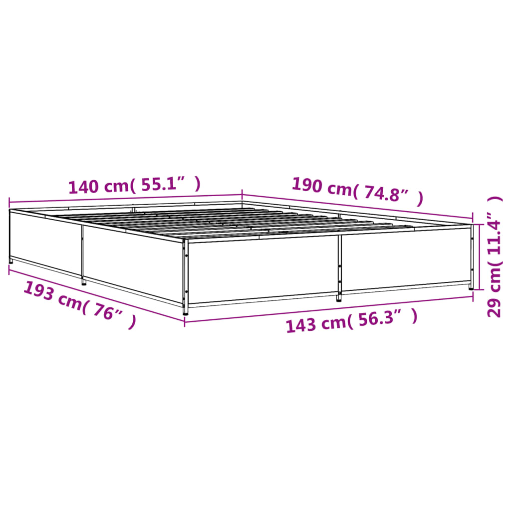 vidaXL Πλαίσιο Κρεβατιού Μαύρο 140 x 190 εκ. Επεξ. Ξύλο & Μέταλλο