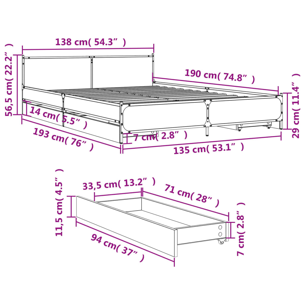 vidaXL Πλαίσιο Κρεβατιού με συρτάρια Γκρι sonoma 135x190εκ. Επεξ. Ξύλο
