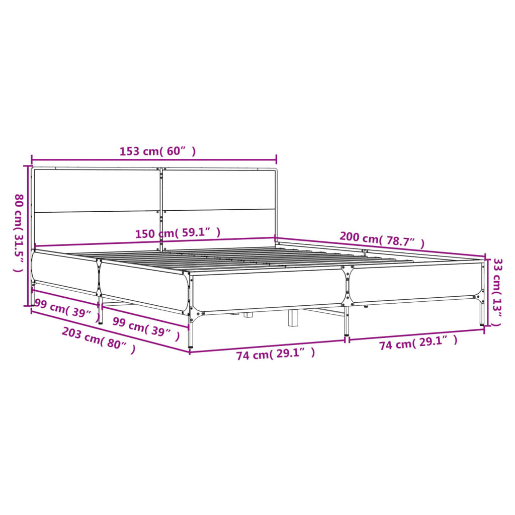 vidaXL Πλαίσιο Κρεβατιού Sonoma Δρυς 150x200 εκ. Επεξ. Ξύλο & Μέταλλο
