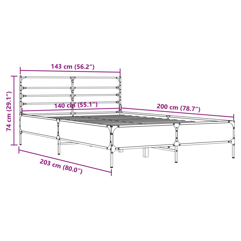 vidaXL Πλαίσιο Κρεβατιού Καφέ Δρυς 140x200 εκ. Επεξ. Ξύλο & Μέταλλο