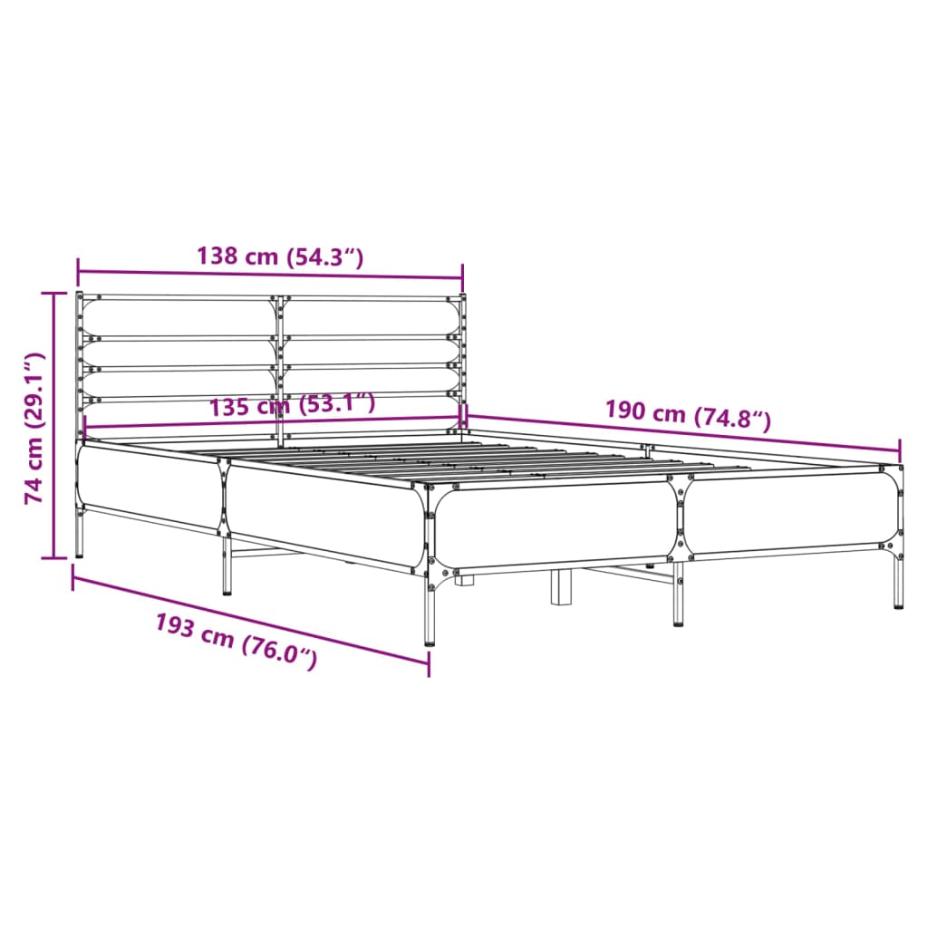 vidaXL Πλαίσιο Κρεβατιού Γκρι Sonoma 135x190 εκ. Επεξ. Ξύλο & Μέταλλο