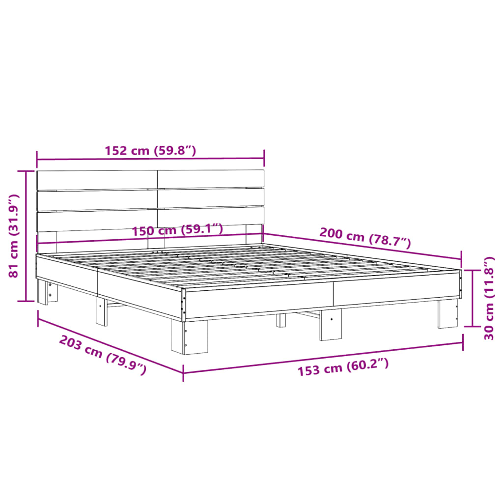 vidaXL Πλαίσιο Κρεβατιού Γκρι Sonoma 150x200 εκ. Επεξ. Ξύλο & Μέταλλο