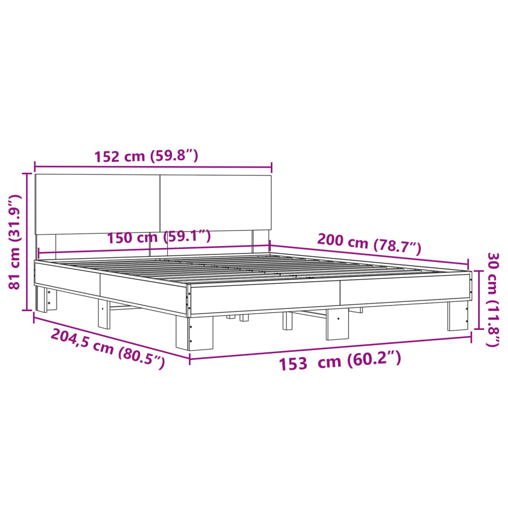 vidaXL Πλαίσιο Κρεβατιού Γκρι Sonoma 150x200 εκ. Επεξ. Ξύλο & Μέταλλο
