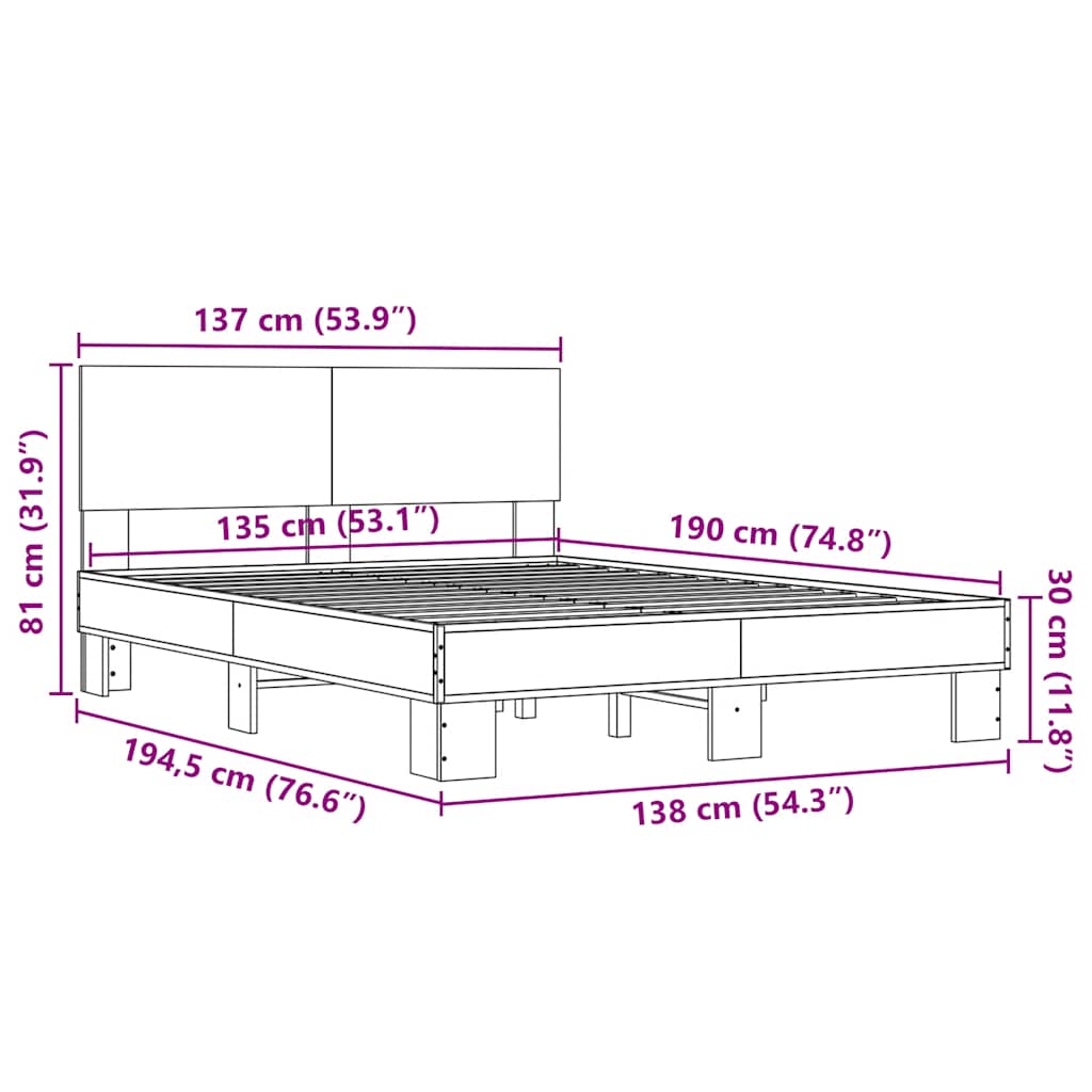 vidaXL Πλαίσιο Κρεβατιού Sonoma Δρυς 135x190 εκ. Επεξ. Ξύλο & Μέταλλο