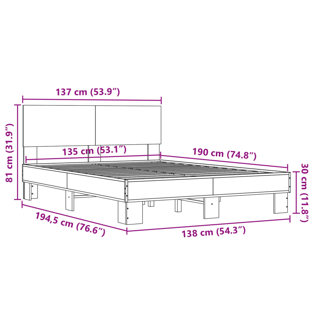 vidaXL Πλαίσιο Κρεβατιού Γκρι Sonoma 135x190 εκ. Επεξ. Ξύλο & Μέταλλο