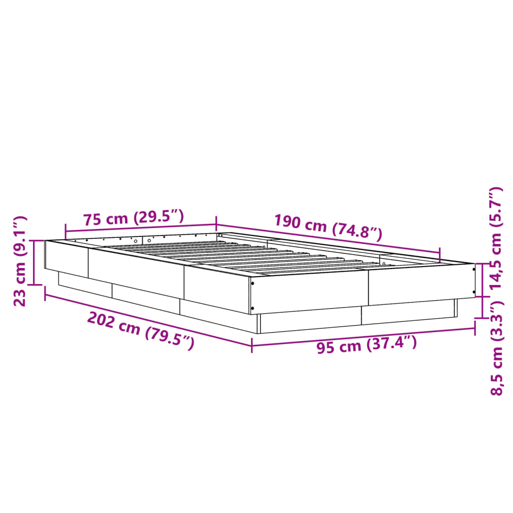 vidaXL Πλαίσιο Κρεβατιού Καφέ Δρυς 75x190 εκ. Επεξεργασμένο Ξύλο