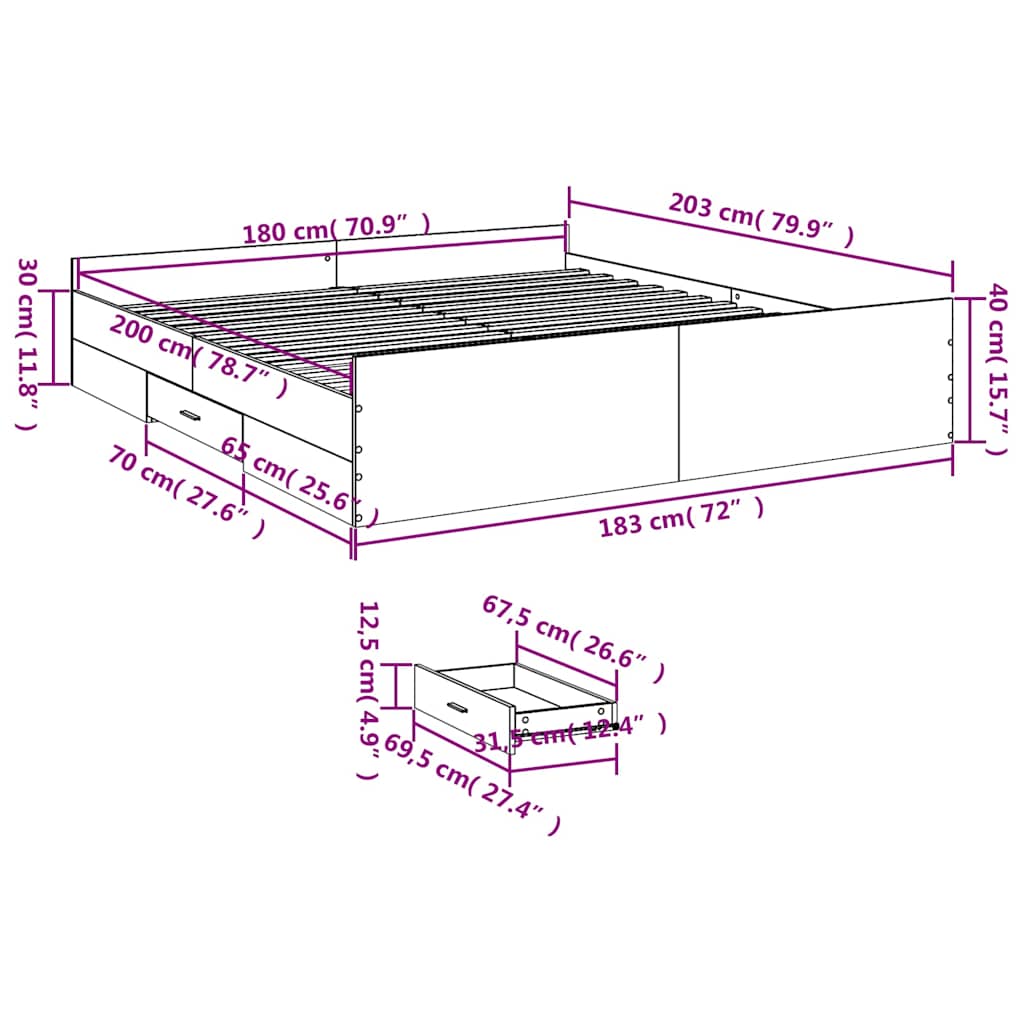 vidaXL Πλαίσιο Κρεβατιού με συρτάρια Γκρι sonoma 180x200εκ. Επεξ. Ξύλο