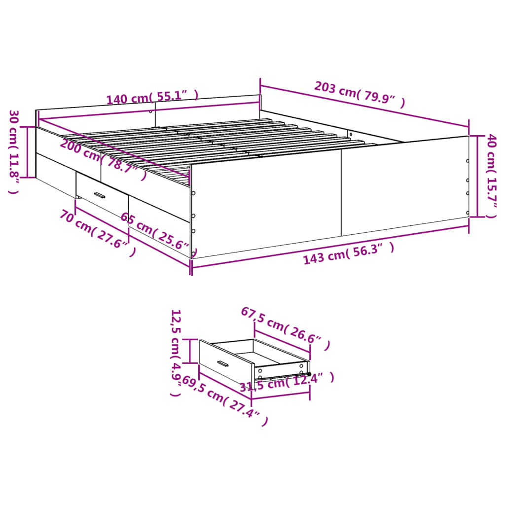 vidaXL Πλαίσιο Κρεβατιού με συρτάρια Sonoma Δρυς 140x200εκ. Επεξ. Ξύλο