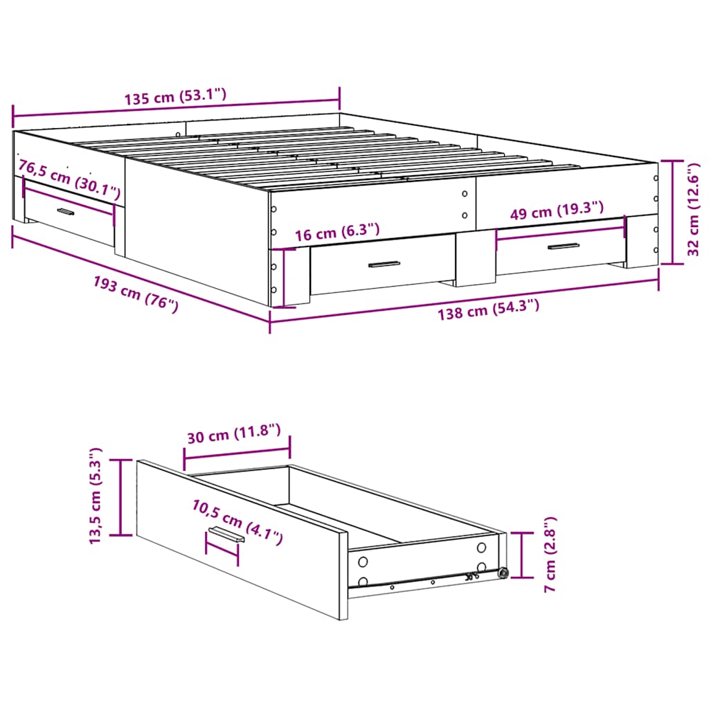 vidaXL Πλαίσιο Κρεβατιού με συρτάρια Γκρι sonoma 135x190εκ. Επεξ. Ξύλο