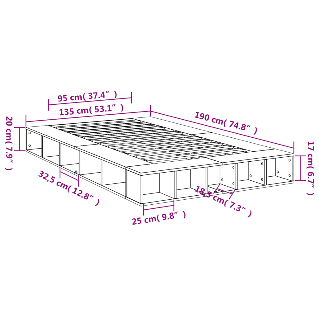 vidaXL Πλαίσιο Κρεβατιού Γκρι Σκυροδέματος 135x190 εκ. Επεξεργ. Ξύλο