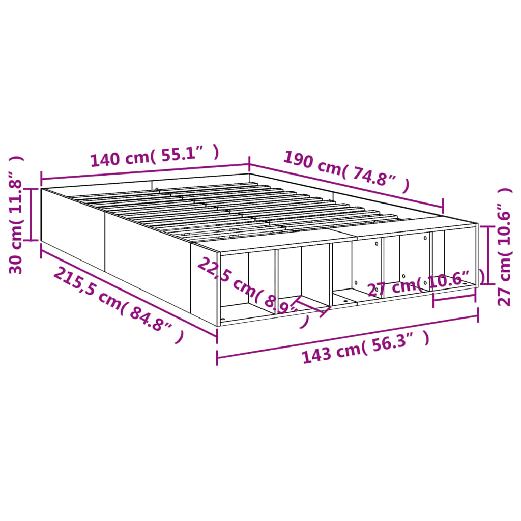 vidaXL Πλαίσιο Κρεβατιού Γκρι Sonoma 140x190 εκ. Επεξεργασμένο Ξύλο