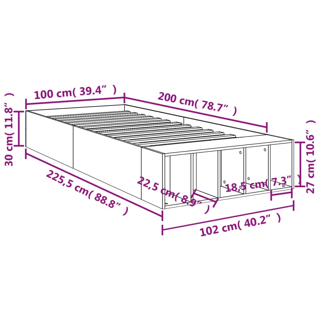 vidaXL Πλαίσιο Κρεβατιού Γκρι Σκυροδέματος 100x200 εκ. Επεξεργ. Ξύλο