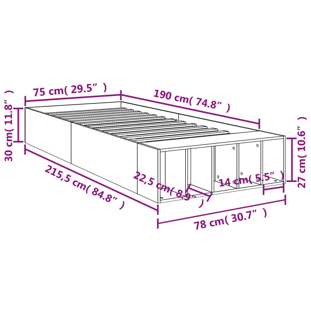 vidaXL Πλαίσιο Κρεβατιού Γκρι Sonoma 75x190 εκ. Επεξεργασμένο Ξύλο