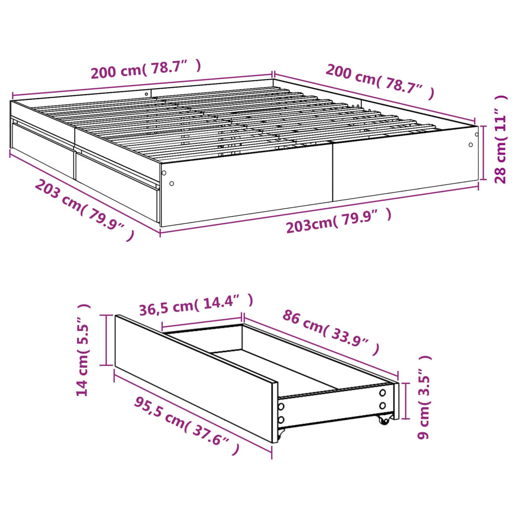 vidaXL Πλαίσιο Κρεβατιού με Συρτάρια Μαύρο 200x200 εκ Επεξεργ. Ξύλο